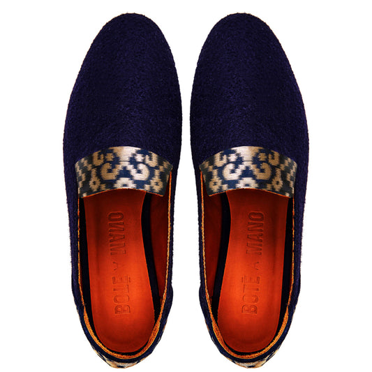 Ballet Flat Shoes, Golden Star of Banaras Blue Wool Loafers - Boté A Mano