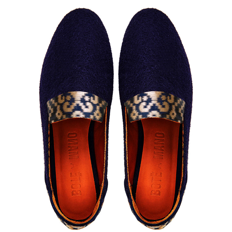 Ballet Flat Shoes, Golden Star of Banaras Blue Wool Loafers - Boté A Mano
