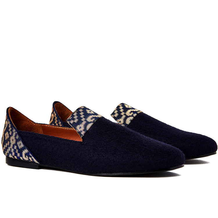 Ballet Flat Shoes, Golden Star of Banaras Blue Wool Loafers - Boté A Mano