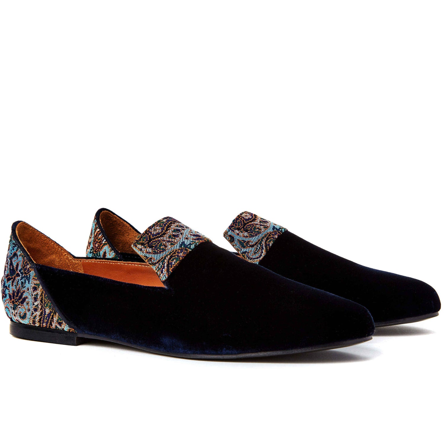 Loafers for Women, Persian Garden of Yazd Blue Velvet Loafers - Boté A Mano