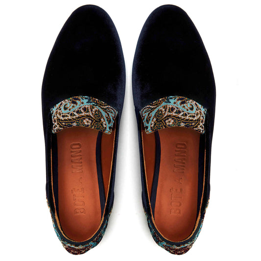 Loafers for Women, Persian Garden of Yazd Blue Velvet Loafers - Boté A Mano
